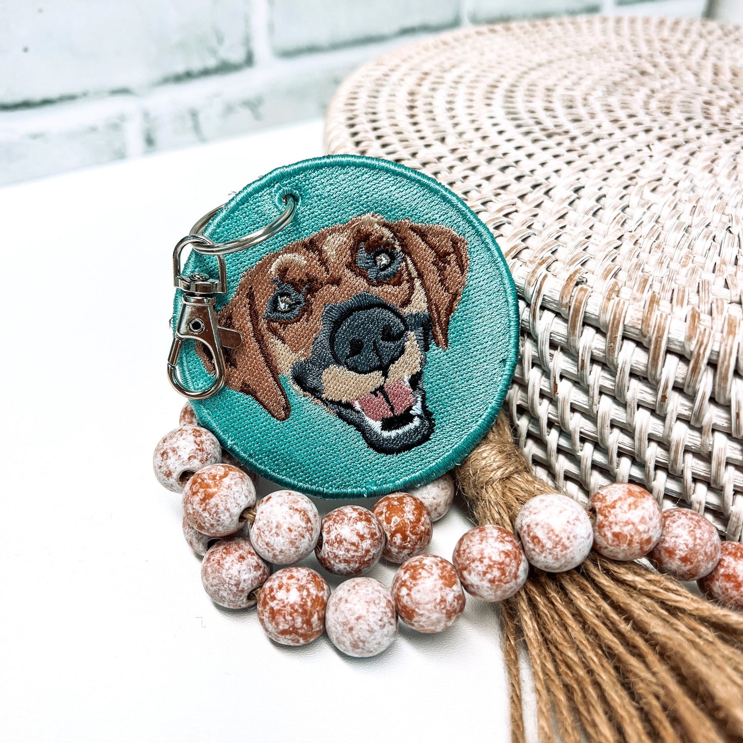 Embroidered Custom Dog Photo Drawing Circle Keychain