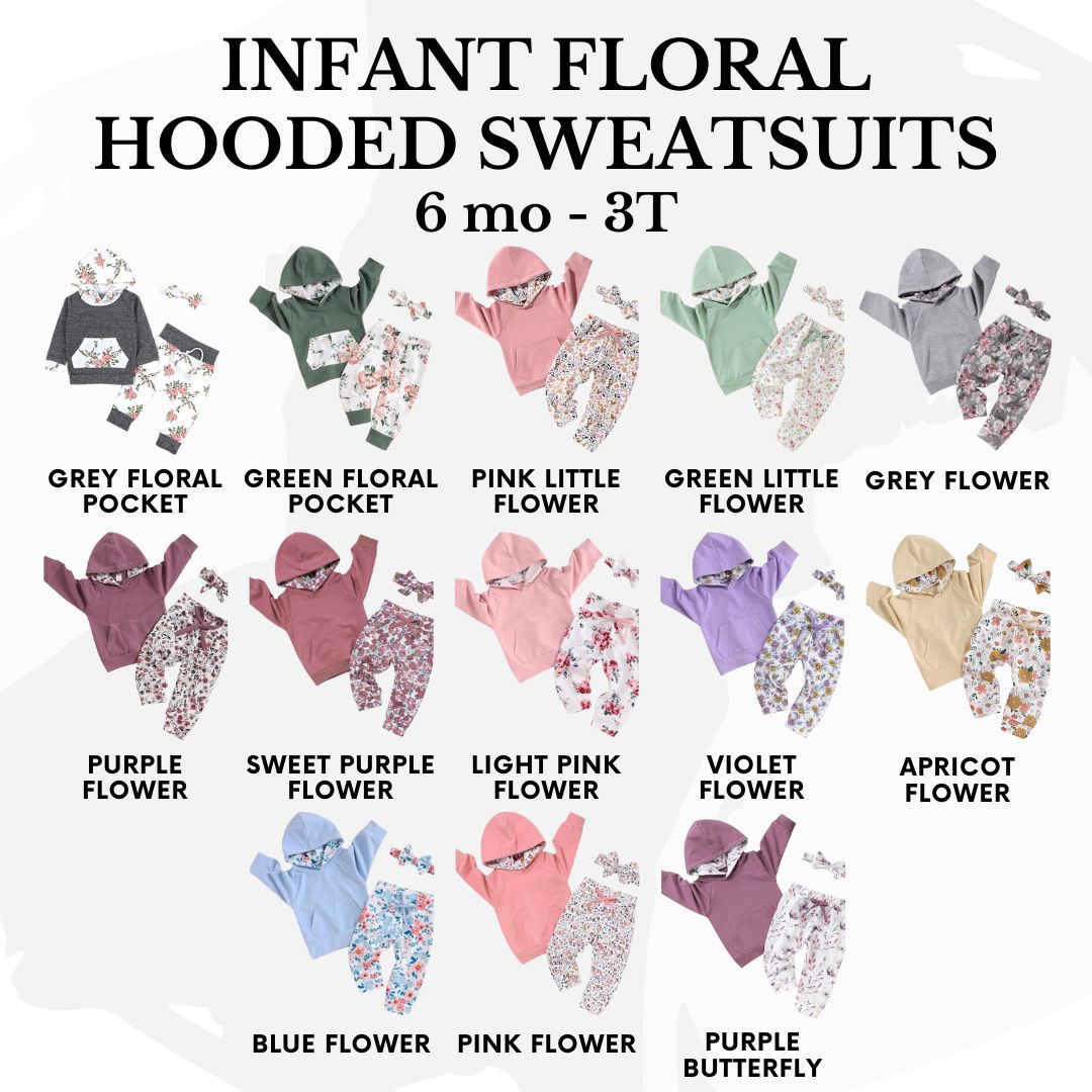 Personalized Name Infant Hooded Floral Sweatsuit Outfit | Embroidered Baby Apparel